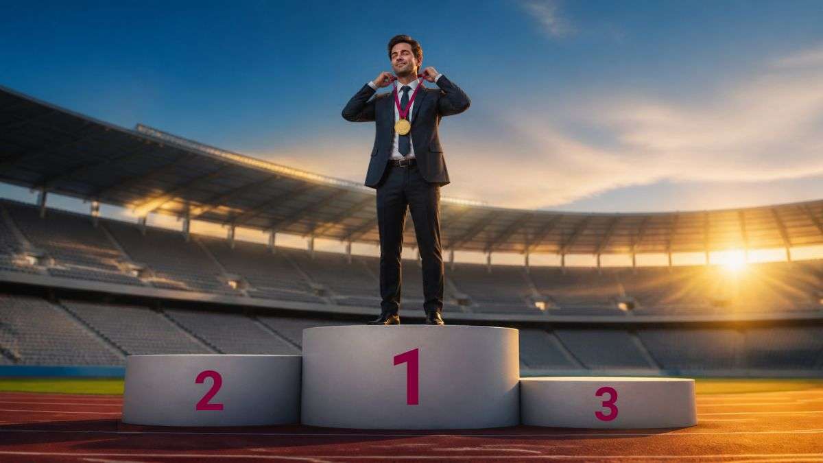 Uomo sul podio vuoto che si mette da solo la medaglia d'oro, metafora delle classifiche dei consulenti SEO
